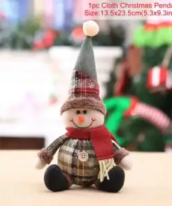 A smiling snowman doll in plaid clothes and a red scarf, sitting on a table, with Christmas decor in the background. | 28Alchemy