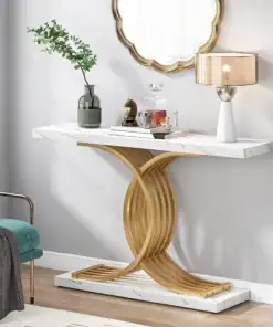 Modern entryway with a marble-top console table, gold base, mirror, lamp, vase with greenery, and decorative items. | 28Alchemy