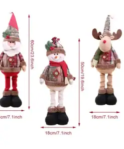 Three Christmas plush dolls: Santa, snowman, and reindeer with measurements shown in centimeters and inches. | 28Alchemy