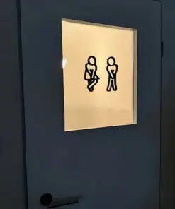 A restroom door with icons of a man and woman crossing their legs, indicating urgency to use the toilet. | 28Alchemy