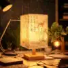 A glowing paper lantern with Chinese calligraphy sits on a cluttered desk, surrounded by plants and warm lighting. | 28Alchemy