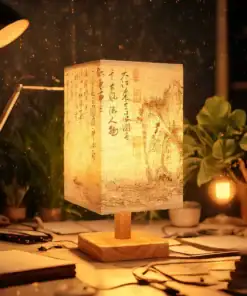 A glowing paper lantern with Chinese calligraphy sits on a cluttered desk, surrounded by plants and warm lighting. | 28Alchemy