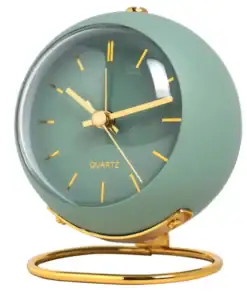 Round green and gold table clock with gold hands and stand, showing the time as 10:10. | 28Alchemy