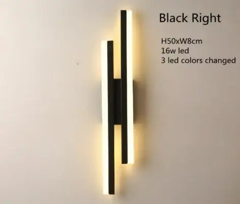 Modern wall light with two vertical black bars and LED strips, labeled "Black Right," with size and LED specifications. | 28Alchemy