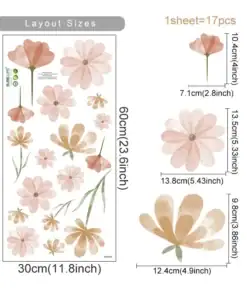 Sheet with 17 pink and beige watercolor flower stickers in various sizes, with size measurements in inches and centimeters. | 28Alchemy
