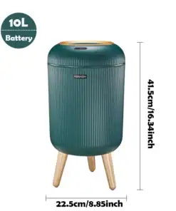 Tall green cylindrical trash can with wooden legs, labeled 10L, 41.5cm tall, 22.5cm wide. | 28Alchemy