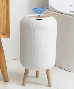 A white smart trash can with wooden legs and a blue Wi-Fi symbol above it, placed in a modern bathroom. | 28Alchemy