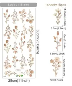 Sheet of 18 beige and brown floral wall decals, each with size details in centimeters and inches. | 28Alchemy