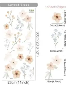 Sheet of pastel floral wall decals with 29 pieces, shown with layout and individual flower size measurements. | 28Alchemy