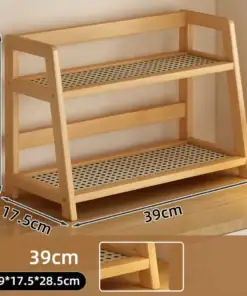 Two-tier wooden shelf on a table, with measurements: 39cm wide, 17.5cm deep, and 28.5cm high. | 28Alchemy