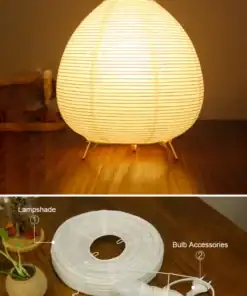 A glowing paper lampshade on a table, with lamp parts and cord shown separately below for easy assembly. | 28Alchemy