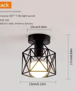 Black geometric ceiling light fixture with exposed bulb, dimensions labeled: 13cm wide, 17cm tall, and 10cm base diameter. | 28Alchemy