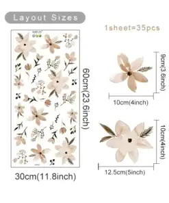Floral wall decal sheet, 60x30cm, with 35 beige and brown flowers in various sizes (3.6"–4.9" wide). | 28Alchemy