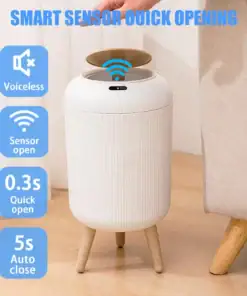 White smart trash can with a sensor lid, wooden legs, and blue text highlighting its quick, voiceless, and auto features. | 28Alchemy