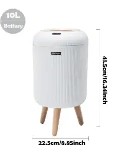 White 10L battery-powered trash can with wooden legs, measuring 41.5cm tall and 22.5cm wide. | 28Alchemy