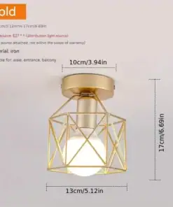 Gold iron ceiling light with geometric cage design, shown with bulb and measurements for width and height in centimeters. | 28Alchemy
