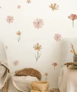 Cozy room with beige chairs, dried flowers, and a wall decorated with pastel flower decals. | 28Alchemy