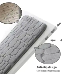 Gray textured anti-slip bathroom mat with close-up of underside grips and soft surface, labeled "Anti-slip design. | 28Alchemy