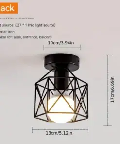 Black geometric ceiling light fixture with exposed bulb, shown with measurements in centimeters and inches on a plain background. | 28Alchemy