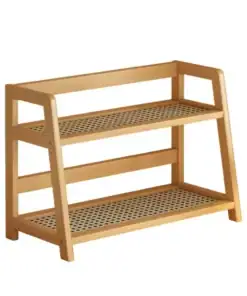 Two-tier wooden shoe rack with slatted shelves and angled side supports, on a white background. | 28Alchemy