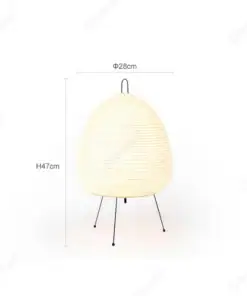 A round paper lamp with three thin legs, 47cm tall and 28cm wide, shown with measurement lines. | 28Alchemy