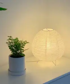 A small potted plant and a glowing round paper lamp sit on a white surface against a light-colored wall. | 28Alchemy