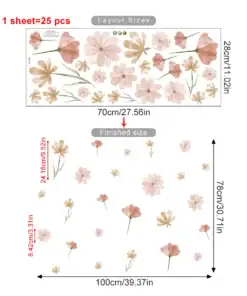 Floral wall decals, 1 sheet with 25 pieces; layout and finished sizes are shown with light pink and beige flowers. | 28Alchemy