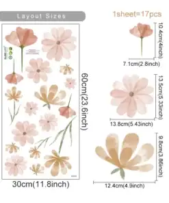 A sheet of 17 pastel pink and beige floral stickers in various sizes, with dimensions and layout sizes labeled. | 28Alchemy
