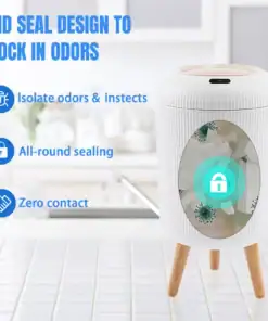 White container with wooden legs on a counter; text highlights odor-locking and sealing features. | 28Alchemy