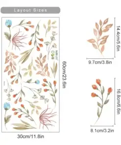 Floral wall decal sheet with orange and blue flowers; size details shown in centimeters and inches. | 28Alchemy