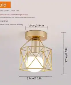Gold ceiling light fixture with geometric cage design, shown with size dimensions and material details on a light background. | 28Alchemy