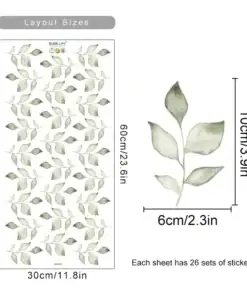 A sheet with 26 sets of green leaf stickers, each set measuring 10cm by 6cm; sheet size is 60cm by 30cm. | 28Alchemy