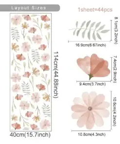 Sheet with watercolor-style pink flowers and green leaves, labeled with dimensions in inches and centimeters. | 28Alchemy