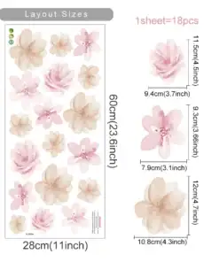 Sticker sheet with 18 pink and beige watercolor flowers; size chart shows measurements in cm and inches. | 28Alchemy