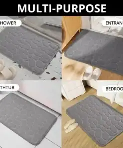 Four gray mats placed in different areas: shower, entrance, bathtub, and bedroom, showing their multi-purpose use. | 28Alchemy