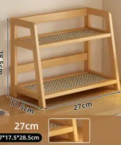 Two-tier wooden shelf with perforated shelves on a desk, dimensions labeled 27x17.5x28.5 cm. | 28Alchemy