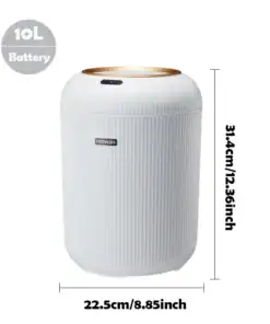 White cylindrical trash can, 10L capacity, 31.4cm tall, 22.5cm wide, ribbed texture, gold rim, battery-operated. | 28Alchemy