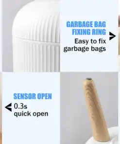 Collage showing a white trash can’s features: striped design, sensor open lid, bag fixing ring, and tall wooden legs. | 28Alchemy