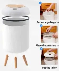 Exploded view of a white trash can with steps showing how to add a bag, pressure ring, and lid. | 28Alchemy