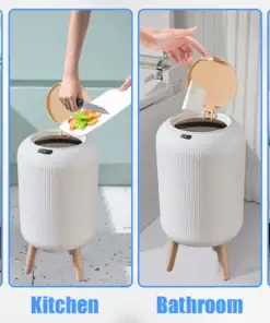 Four white trash bins with wooden legs are shown in living room, kitchen, bathroom, and bedroom settings. | 28Alchemy