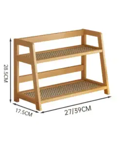 Two-tier wooden shelf with mesh shelves, labeled dimensions: 28.5cm high, 17.5cm deep, 27/39cm wide. | 28Alchemy