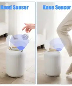 A trash can opens with hand and knee sensors, showing touchless operation for convenience and hygiene. | 28Alchemy