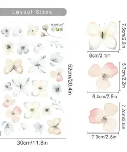 Sheet of pastel watercolor flower and butterfly decals with labeled sizes in centimeters and inches. | 28Alchemy