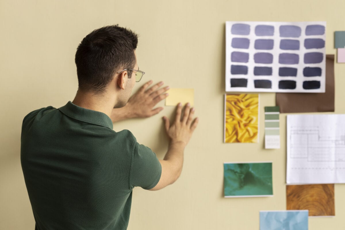 A person in a green shirt places a paper on a wall covered with color swatches, photos, and design plans. | 28Alchemy