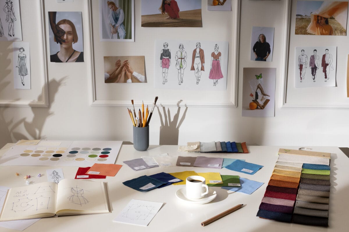 A workspace with fabric swatches, sketches, a coffee cup, brushes, and fashion photos on the wall behind. | 28Alchemy