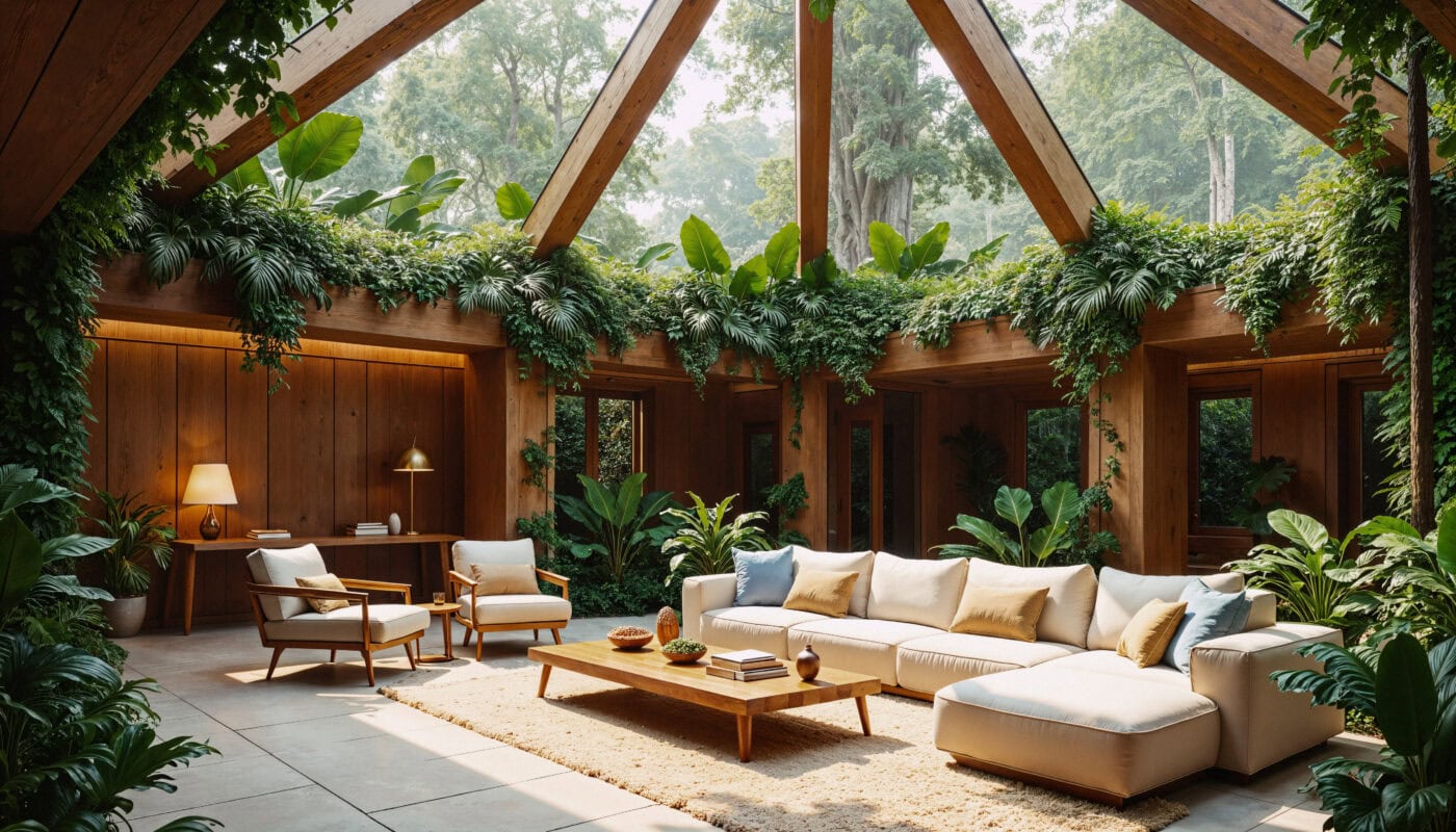 A bright living room with large skylights, wood walls, lush plants, and cozy modern furniture. | 28Alchemy