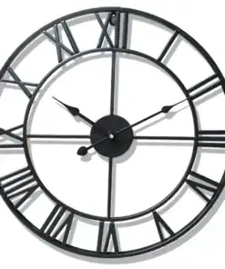 Black metal wall clock with open design and Roman numerals, showing the time at approximately 10:09. | 28Alchemy