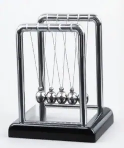 A Newton's cradle with five metallic balls suspended in a row on a black and silver frame. | 28Alchemy