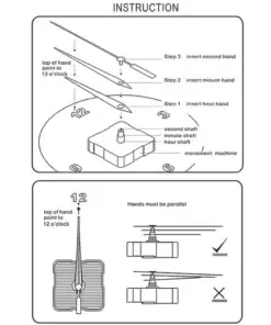 Diagram showing how to attach clock hands to the movement, with labels for each step and alignment instructions. | 28Alchemy