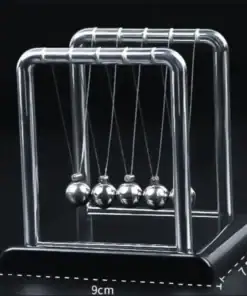 A Newton’s cradle with five metal balls, shown on a black base with dimensions labeled: 9cm wide, 9.6cm tall, 7.5cm deep. | 28Alchemy